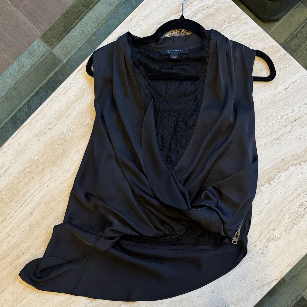 All Saints Black Draped Wrap-Front Top